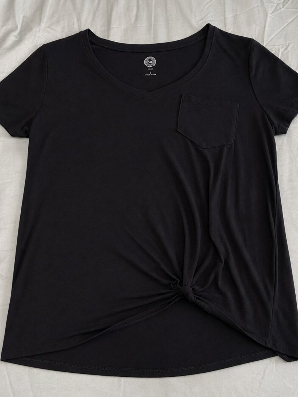 SO Perfect Tee Black V-Neck Knot Front Pocket Top Size Small Relaxed Fit